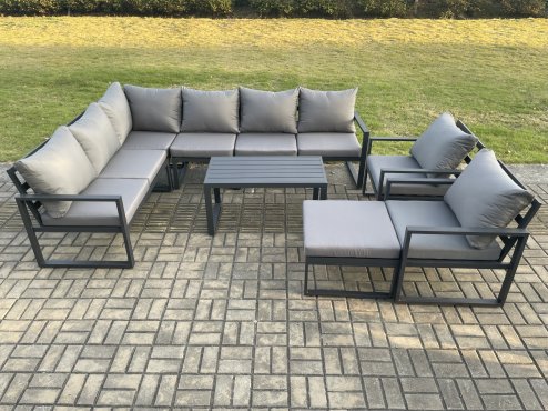 Fimous Aluminium Garden Furniture Set Outdoor Indoor Lounge Corner Sofa 2 Pcs Chair Oblong Coffee Table Sets with Big Footstool Dark Grey