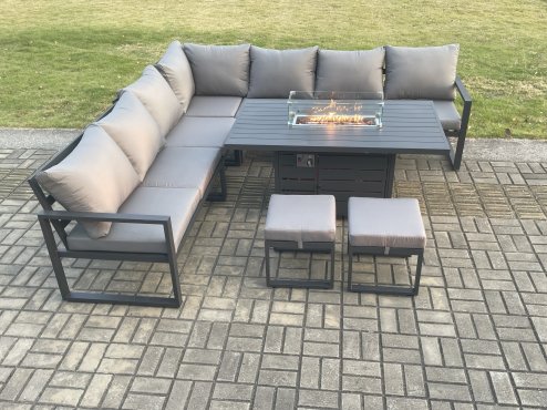 Fimous Aluminium 9 Seater Garden Furniture Outdoor Set Patio Lounge Sofa Gas Fire Pit Dining Table Set with 2 Small Footstools Dark Grey
