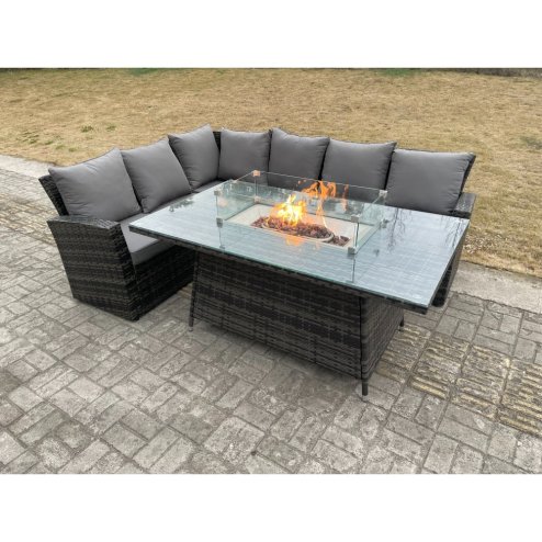 Fimous Outdoor Rattan Corner Sofa Garden Furniture High Back Sofa Set Gas Fire Pit Dining Table Gas Heater Burner 6 Seater