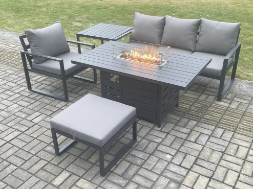 Fimous Aluminium 5 Pieces Garden Furniture Sofa Set with Cushions Gas Fire Pit Dining Table Set with Side Table Big Footstool Dark Grey