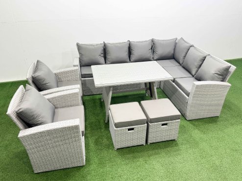 Fimous 10 Seater Garden Outdoor Rattan Furniture Set Rattan Corner Sofa Oblong Dining Table with 2 Armchairs 2 Small Footstools Light Grey Mixed