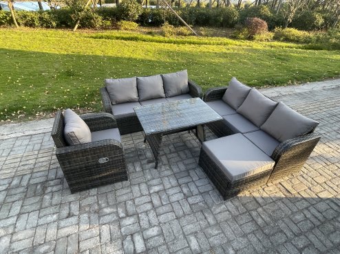 Fimous Outdoor Lounge Sofa Set Wicker PE Rattan Garden Furniture Set with Rectangular Dining Table Reclining Chair Big Footstool Dark Grey Mixed