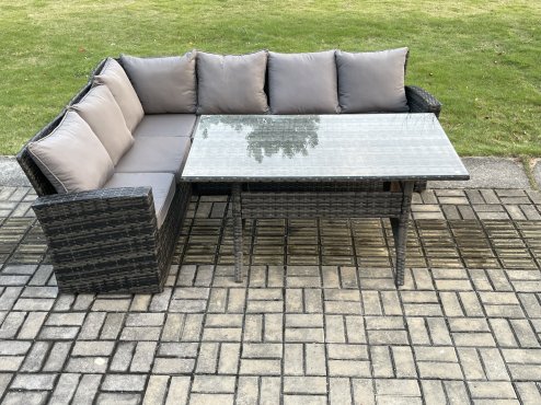 Fimous 6 Seater Garden Rattan Furniture Corner Dining Set Rectangular Dining Table Indoor Outdoor Lounge Sofa Set Dark Grey Mixed