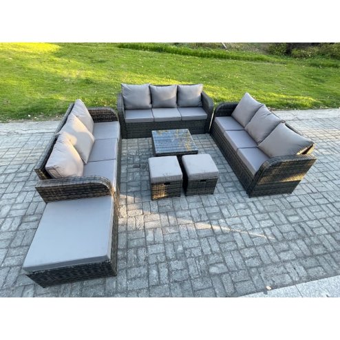 Fimous 12 Seater Rattan Outdoor Furniture Set Patio Garden Sofa Set with Square Coffee Table 3 Seater Sofa 3 Footstools Dark Grey Mixed