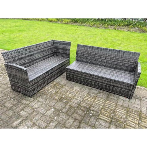High Back Dark Mixed Grey Rattan Corner Sofa Set Outdoor Furniture Rectangular Dining Table 3 Small Footstools 9 Seater