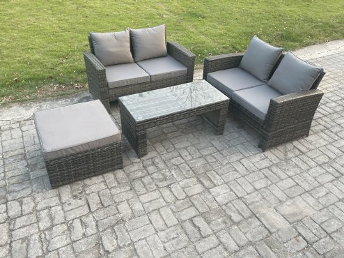 Fimous 4 Pieces Garden Furniture Sets Poly Rattan Outdoor Patio Furniture PE Wicker Furniture Set with Big Footstool Loveseat and Table for Garden Backyard Dark Grey Mixed