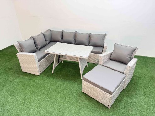 Fimous Garden Outdoor Rattan Furniture Set Rattan Corner Sofa Oblong Dining Table with Armchair Big Footstool Light Grey Mixed 8 Seater