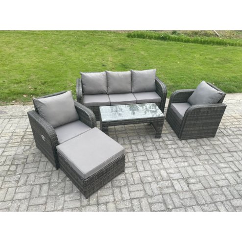 Fimous Wicker PE Rattan Garden Furniture Set Outdoor Lounge Sofa Set with Reclining Chair Coffee Table Big Footstool Dark Grey Mixed