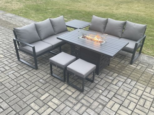 Fimous Aluminium 8 Seater Outdoor Garden Furniture Lounge Sofa Set Gas Fire Pit Dining Table with 2 Small Footstools Side Table Dark Grey