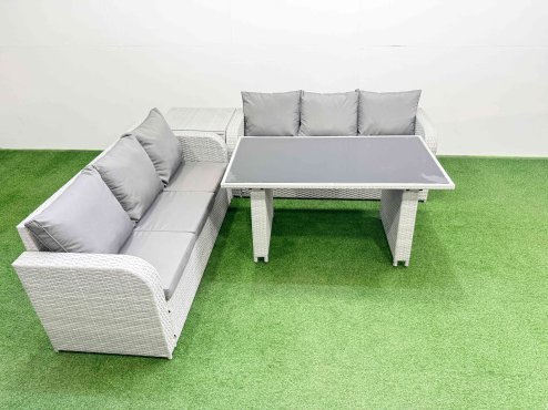 Fimous 6 Seater Rattan Outdoor Dining Table 3 Seater Sofa Set with Side Table Light Grey