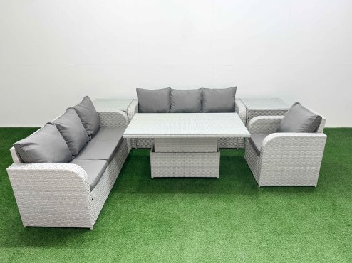 Fimous 7 Seater Poly Rattan Outdoor Garden Furniture Adjustable Lifting Dining or Coffee Table Sofa Set Patio 3 Seater Sofa Reclining Chair 3 Seater Sofa 2 Side Table Light Grey