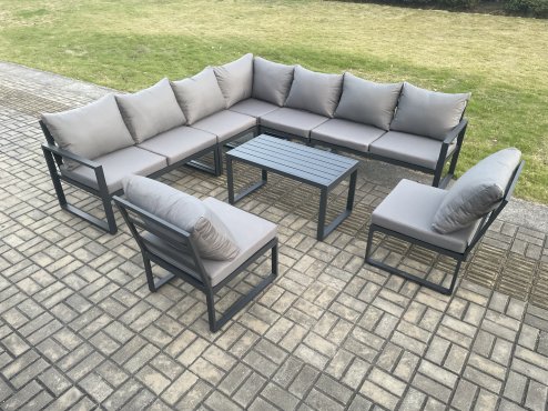 Fimous Aluminium 9 Seater Patio Outdoor Garden Furniture Lounge Corner Sofa Set with Oblong Coffee Table Dark Grey