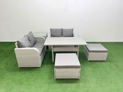 Fimous 6 Seater Outdoor Love Sofa Set Rattan Garden Furniture Set with Rectangular Dining Table 2 Footstool Side Table Light Grey