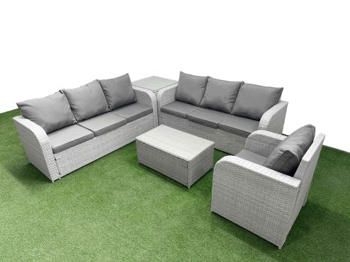 Fimous 7 Seater Poly Rattan Outdoor Garden Furniture Sofa Set Patio 3 Seater Sofa Reclining Chair 3 Seater Sofa Side Table Light Grey