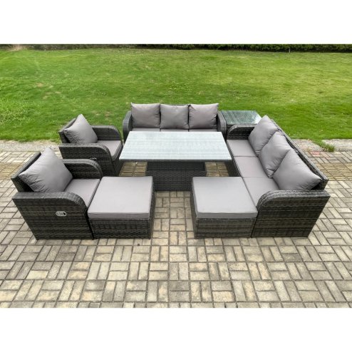 Fimous Rattan Outdoor Garden Furniture Sets Height Adjustable Rising lifting Dining Table Reclining Chair Sofa Set with Side Tables 2 Big Footstools Dark Grey Mixed