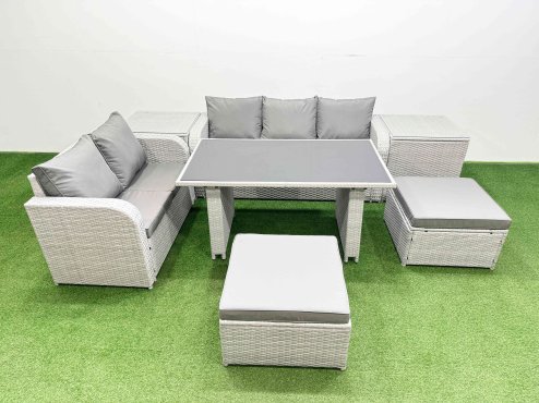 Fimous Garden Furniture Set PE Ratten Garden Sofa Set with Rectangular Dining Table 2 Big Stool 2 Side Tables Light Grey
