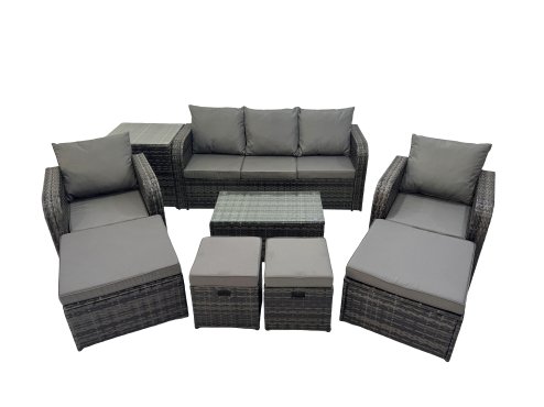 Fimous Outdoor Reclining Chair 3 Seater Sofa Coffee Table Set Garden Rattan Furniture Set 9 Seater with 4 Stools Side Table Dark Grey