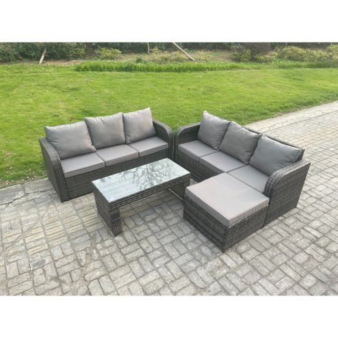 Fimous Outdoor Lounge Sofa Set Rattan Garden Furniture Set with Rectangular Coffee Table Big Footstool 3 Seater Sofa Dark Grey Mixed