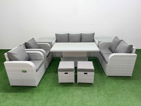 Fimous PE Rattan Garden Furniture Set Reclining Chair Sofa Double Love Seat 2 Seater Sofa Lounge Set Adjustable Lifting Dining or Coffee Table 2 Stools 2 Side Table Light Grey