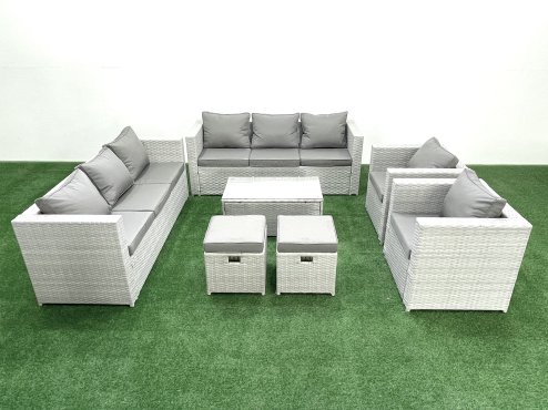 Fimous Outdoor Rattan Sofa Garden Furniture Set with 2 Armchairs Oblong Coffee Table 2 Small Footstools Light Grey Mixed