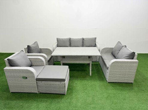 Fimous PE Rattan Garden Furniture Set Reclining Chair Sofa Double Love Seat 2 Seater Sofa Lounge Set Rectangular Dining Table Big Footstool Light Grey