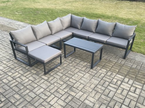 Fimous Aluminium Patio Outdoor Garden Furniture Lounge Corner Sofa Set with Oblong Coffee Table Big Footstool Dark Grey