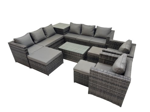 Fimous 11 Seater Garden Outdoor Rattan Furniture Set Patio Corner Sofa Rectangular Coffee Table with 3 Stools Dark Grey