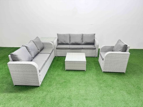 Fimous 7 Seater Poly Rattan Outdoor Garden Furniture Square Coffee Table Sofa Set Patio 3 Seater Sofa Reclining Chair 3 Seater Sofa Side Table Light Grey