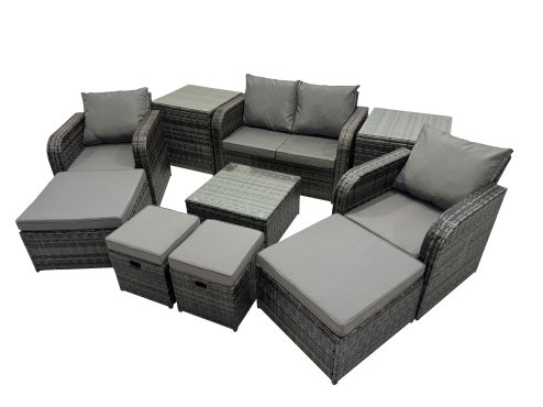 Fimous Rattan Garden Outdoor Furniture Set Love Sofa Square Coffee Table Set with 4 Stools 2 Side Table Dark Grey Mixed