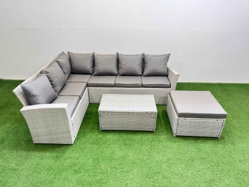 Fimous 7 Seater Garden Outdoor PE Rattan Furniture Set Rattan Garden Sofa Set with Oblong Coffee Table Light Grey Mixed