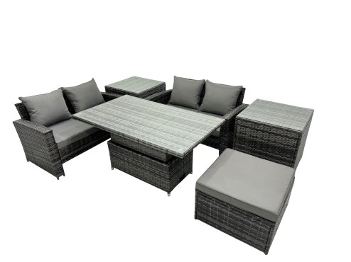 Fimous Outdoor Love Sofa Set 5 Seat Rattan Garden Furniture Set with Adjustable Lifting Dining or Coffee Table Dark Grey Mixed