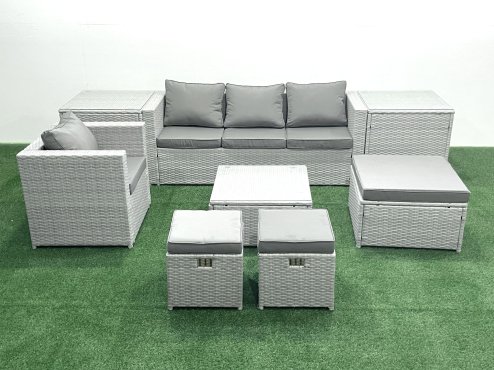 Fimous Garden Outdoor Furniture Set 7 Seater Rattan Sofa Set with 3 Footstools Armchair 2 Side Tables Light Grey Mixed