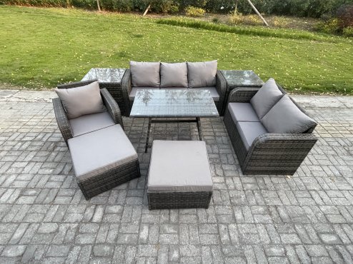 Fimous 8 PCS Outdoor Lounge Sofa Set Wicker PE Rattan Garden Furniture Set with Rectangular Dining Table Armchair 2 Big Footstool 2 Side Tables Dark Grey Mixed