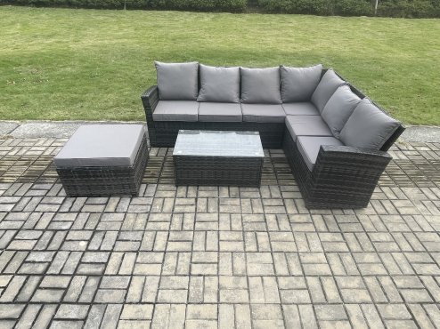 Fimous 7 Seater High Back Outdoor Garden Furniture Set Rattan Corner Sofa Set With Rectangular Coffee Table Big Footstool Dark Grey Mixed