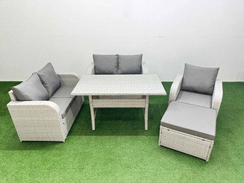 Fimous High Back Poly Rattan Garden Furniture Set with Reclining Chair Loveseat Sofa Rectangular Dining Table Indoor Outdoor Patio Set Big Stool Light Grey