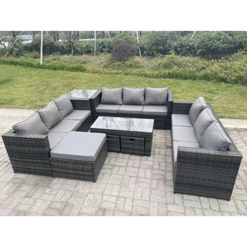 Fimous Outdoor Rattan Garden Furniture Lounge Sofa Set With Oblong Rectagular Coffee Table Big Footstool and 2 Small Stools Side Table