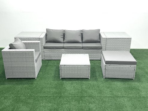 Fimous Garden Outdoor Furniture Set 5 Seater Rattan Sofa Set with Big Footstool Armchair 2 Side Tables Light Grey Mixed