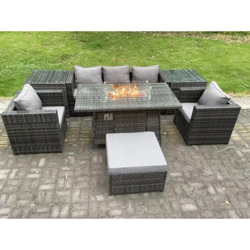 Fimous 6 Seater Outdoor PE Rattan Garden Furniture Set Gas Fire Pit Dining Table Gas Heater Burner With 2 Armchairs 2 Side Tables Big Footstool Dark Grey Mixed