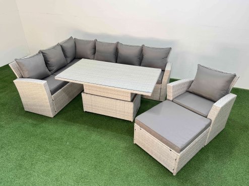 Fimous 8 Seat Rattan Outdoor Garden Furniture Corner Sofa Set Adjustable Lifting Dining or Coffee Table Set with Footstool Light Grey
