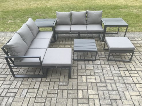 Fimous Aluminium 8 Seater Outdoor Garden Furniture Lounge Sofa Set with Square Coffee Table 2 Side Tables 2 Big Footstools Dark Grey