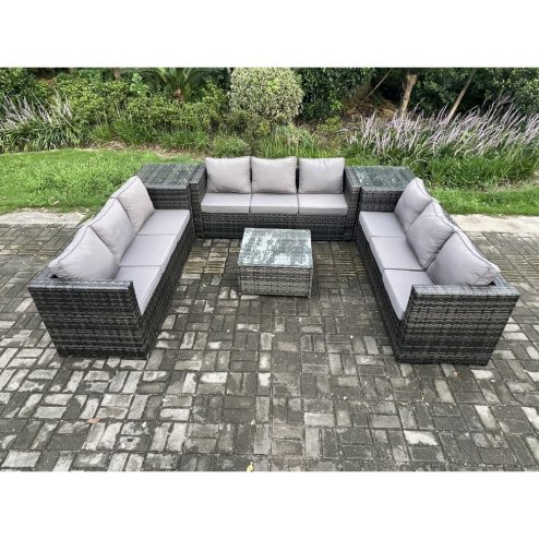 Fimous 9 Seater Rattan Garden Furniture Set Patio Outdoor Lounge Sofa Set with 2 Side Tables Square Coffee Table Dark Grey Mixed