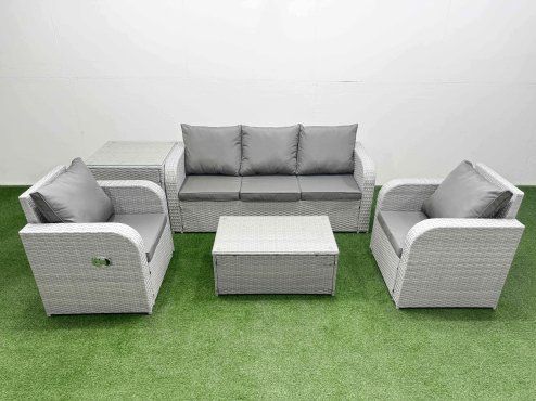 Fimous PE Rattan Garden Furniture Set Reclining Chair Sofa Lounge Sofa Set Oblong Coffee Table Side Table Light Grey