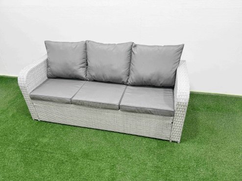 Fimous 9 Seater Poly Rattan Outdoor Garden Furniture Oblong Coffee Table Sofa Set Patio 3 Seater Sofa Reclining Chair 3 Seater Sofa Stools Light Grey