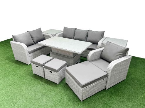 Fimous Patio PE Wicker 9 Seater Outdoor Rattan Furniture Sofa Sets with Adjustable Lifting Dining or Coffee Table Reclining Chair Loveseat Sofa 3 Seater Sofa Stool 2 Side Table Light Grey