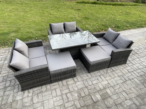 Fimous 8 Seater Wicker Rattan Garden Furniture Rising Table Set with 2 Big Footstool Double Seat Sofa Dark Grey Mixed