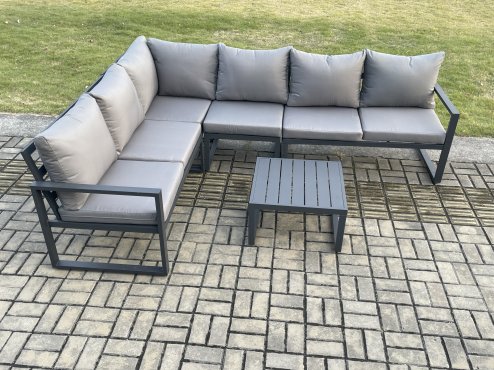 Fimous Aluminium Garden Furniture Set Outdoor Lounge Corner Sofa Square Coffee Table Sets Dark Grey 6 Seater