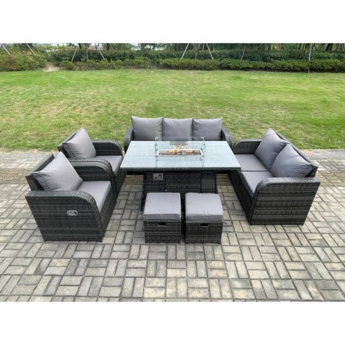Fimous Garden Patio Furniture Wicker Rattan Gas Fire Pit Table and Sofa Chair set with 2 Small Footstools Dark Grey Mixed
