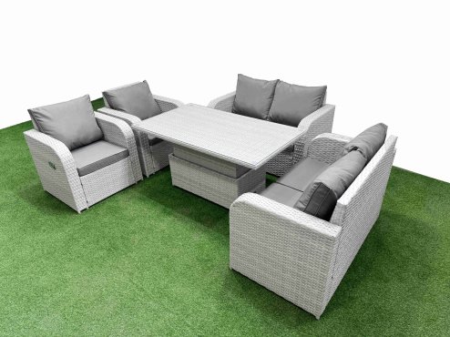 Fimous 6 Seater Outdoor Reclining Chair Love Sofa Set Rattan Garden Furniture Set with Adjustable Lifting Dining or Coffee Table Light Grey