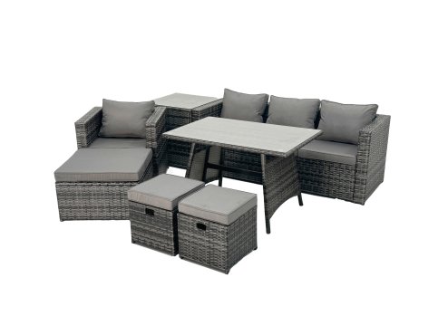 Fimous Rattan Dining Table Sofa Armchair Set with Side Table 3 Footstools Outdoor Garden Furniture Set Dark Grey Mixed