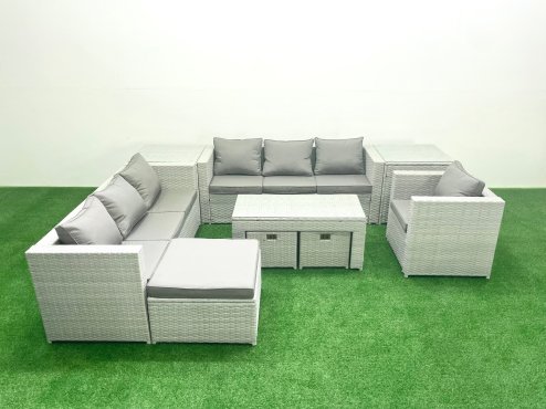 Fimous Wicker PE Rattan Sofa Garden Furniture Set with Oblong Coffee Table Armchair 3 Footstools 2 Side Tables Light Grey Mixed